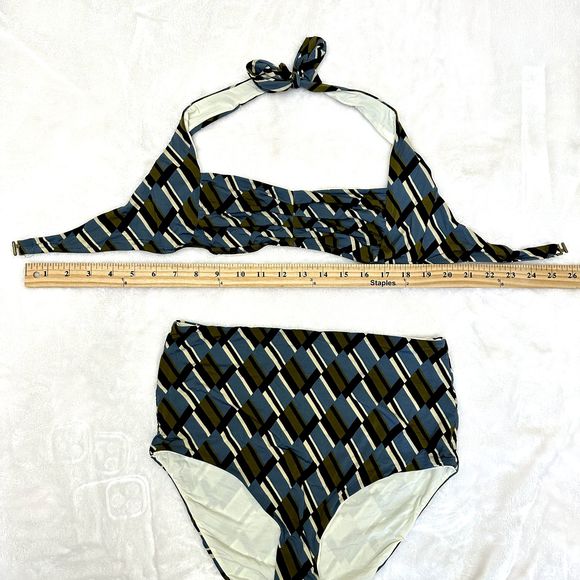 SIYU High Waist Women's Swim Set SZ 8 Clave Stale Blue Geometric Halter Top - Picture 15 of 15